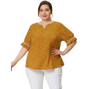 Plus Size Summer Top for Women Ruffle Short Sleeve V Neck Pin Dots Blouses