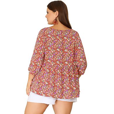 Plus Size Tops for Women Keyhole Neck Ruffle 3/4 Sleeve Floral Babydoll Blouse