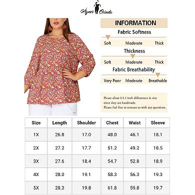 Plus Size Tops for Women Keyhole Neck Ruffle 3/4 Sleeve Floral Babydoll Blouse