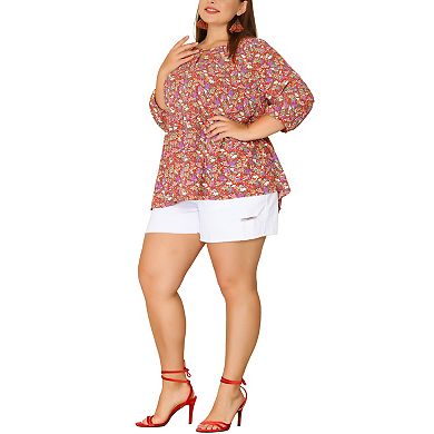 Plus Size Tops for Women Keyhole Neck Ruffle 3/4 Sleeve Floral Babydoll Blouse