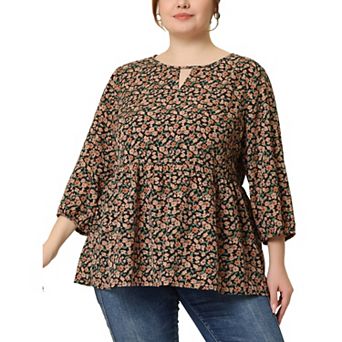 Plus Size Tops for Women Keyhole Neck Ruffle 3/4 Sleeve Floral Babydoll Blouse