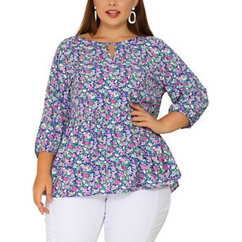 Plus Size Tops for Women Keyhole Neck Ruffle 3/4 Sleeve Floral Babydoll Blouse