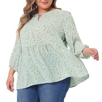 Plus Size Tops for Women Keyhole Neck Ruffle 3/4 Sleeve Floral Babydoll Blouse