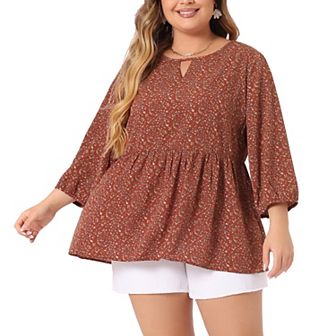Plus Size Tops for Women Keyhole Neck Ruffle 3/4 Sleeve Floral Babydoll Blouse