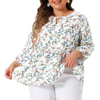 Plus Size Tops for Women Keyhole Neck Ruffle 3/4 Sleeve Floral Babydoll Blouse