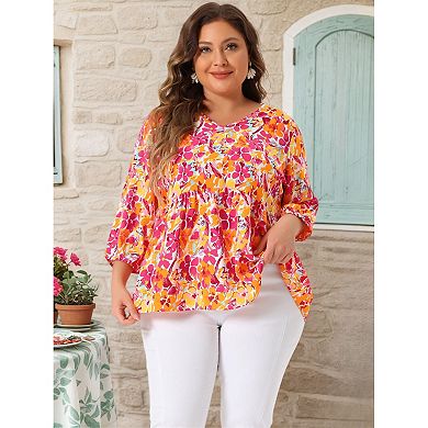 Women's Plus Size Babydoll Peplum  Floral 3/4 Sleeve Ruffle Blouse