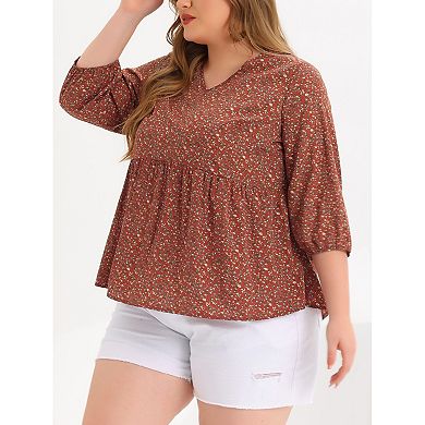 Women's Plus Size Babydoll Peplum Floral 3/4 Sleeve Ruffle Blouse