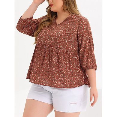 Women's Plus Size Babydoll Peplum  Floral 3/4 Sleeve Ruffle Blouse