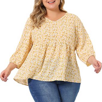 Women's Plus Size Babydoll Peplum Floral 3/4 Sleeve Ruffle Blouse