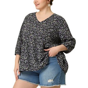 Women's Plus Size Babydoll Peplum Floral 3/4 Sleeve Ruffle Blouse