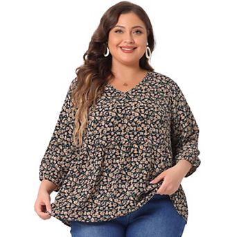 Women's Plus Size Babydoll Peplum Floral 3/4 Sleeve Ruffle Blouse