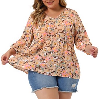 Women's Plus Size Babydoll Peplum Floral 3/4 Sleeve Ruffle Blouse