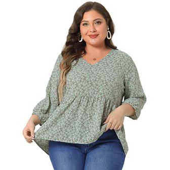 Women's Plus Size Babydoll Peplum Floral 3/4 Sleeve Ruffle Blouse