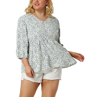 Women's Plus Size Babydoll Peplum Floral 3/4 Sleeve Ruffle Blouse