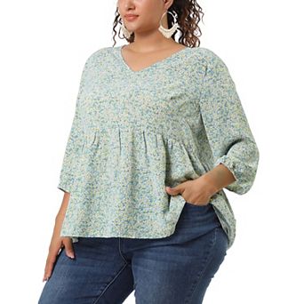 Women's Plus Size Babydoll Peplum Floral 3/4 Sleeve Ruffle Blouse