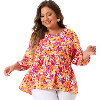 Women's Plus Size Babydoll Peplum Floral 3/4 Sleeve Ruffle Blouse