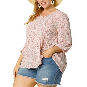 Women's Plus Size Babydoll Peplum Floral 3/4 Sleeve Ruffle Blouse