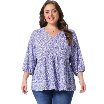 Women's Plus Size Babydoll Peplum Floral 3/4 Sleeve Ruffle Blouse