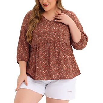 Women's Plus Size Babydoll Peplum Floral 3/4 Sleeve Ruffle Blouse