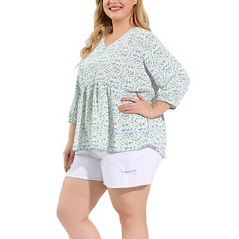 Women's Plus Size Babydoll Peplum Floral 3/4 Sleeve Ruffle Blouse