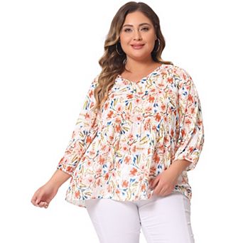 Women's Plus Size Babydoll Peplum Floral 3/4 Sleeve Ruffle Blouse