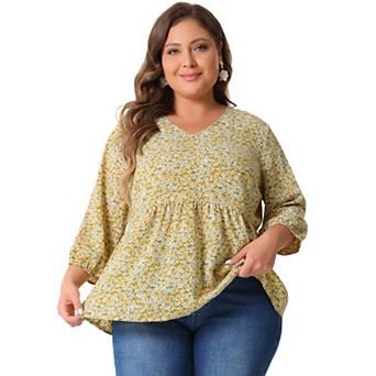 Women's Plus Size Babydoll Peplum Floral 3/4 Sleeve Ruffle Blouse