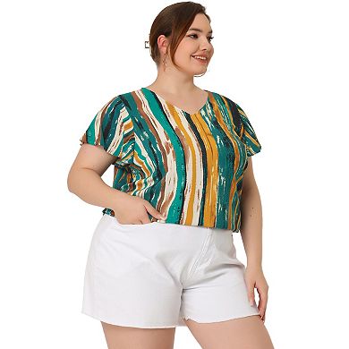 Women's Plus Size Stripes Round Neck Short Sleeve Boho Top