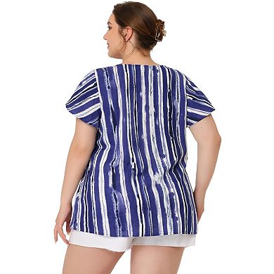 Women's Plus Size Stripes Round Neck Short Sleeve Boho Top