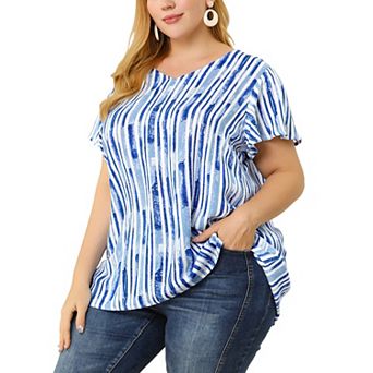 Women's Plus Size Stripes Round Neck Short Sleeve Boho Top