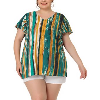 Women's Plus Size Stripes Round Neck Short Sleeve Boho Top