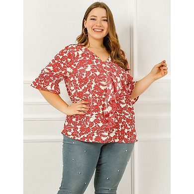 Women's Plus Size Work V Neck Ruffle Smocked Sleeves Solid Blouse