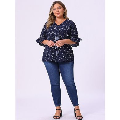 Women's Plus Size Work V Neck Ruffle Smocked Sleeves Solid Blouse