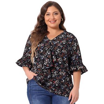 Women's Plus Size Work V Neck Ruffle Smocked Sleeves Solid Blouse