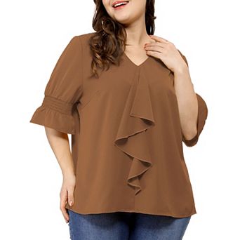 Women's Plus Size Work V Neck Ruffle Smocked Sleeves Solid Blouse