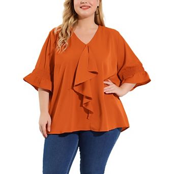 Women's Plus Size Work V Neck Ruffle Smocked Sleeves Solid Blouse