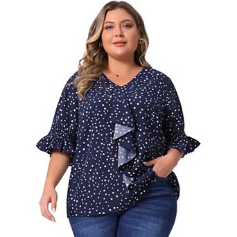 Women's Plus Size Work V Neck Ruffle Smocked Sleeves Solid Blouse