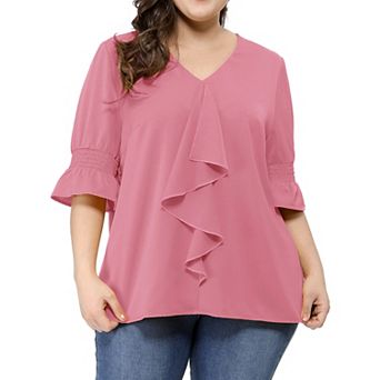 Women's Plus Size Work V Neck Ruffle Smocked Sleeves Solid Blouse