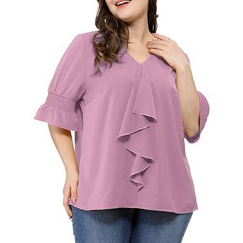 Women's Plus Size Work V Neck Ruffle Smocked Sleeves Solid Blouse