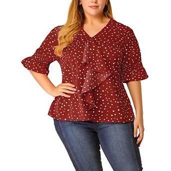 Women's Plus Size Work V Neck Ruffle Smocked Sleeves Solid Blouse