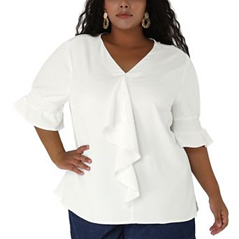 Women's Plus Size Work V Neck Ruffle Smocked Sleeves Solid Blouse