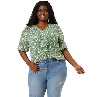 Women's Plus Size Work V Neck Ruffle Smocked Sleeves Solid Blouse