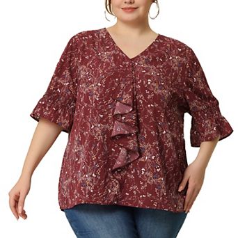 Women's Plus Size Work V Neck Ruffle Smocked Sleeves Solid Blouse