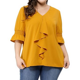 Women's Plus Size Work V Neck Ruffle Smocked Sleeves Solid Blouse