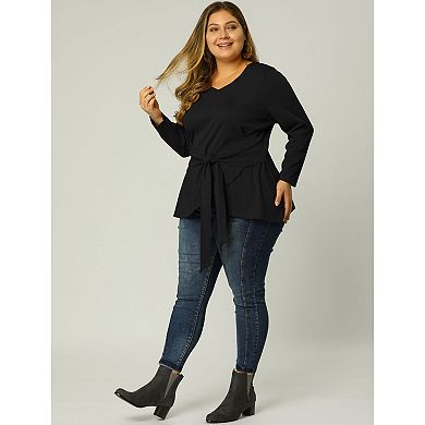 Women's Plus Size Office V Neck Belted Tie Long Sleeve Knitted Blouse