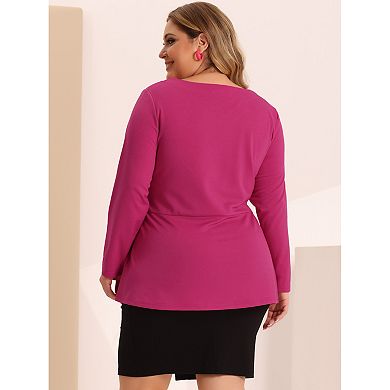 Women's Plus Size Office V Neck Belted Tie Long Sleeve Knitted Blouse