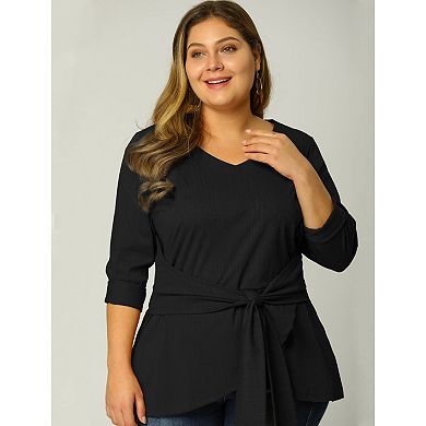 Women's Plus Size Office V Neck Belted Tie Long Sleeve Knitted Blouse