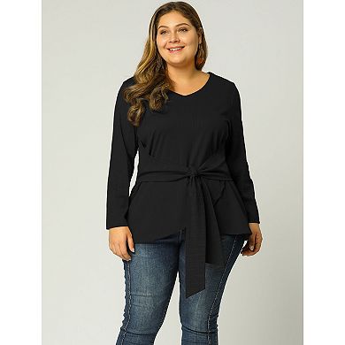 Women's Plus Size Office V Neck Belted Tie Long Sleeve Knitted Blouse