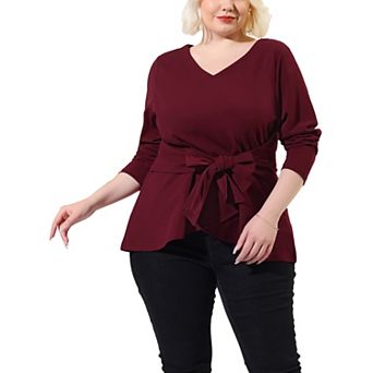 Women's Plus Size Office V Neck Belted Tie Long Sleeve Knitted Blouse