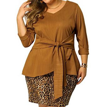 Women's Plus Size Office V Neck Belted Tie Long Sleeve Knitted Blouse
