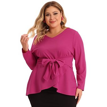 Women's Plus Size Office V Neck Belted Tie Long Sleeve Knitted Blouse